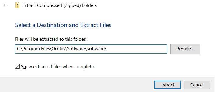 Example of extracting the contents of the zip folder to the default Oculus/Meta directory.