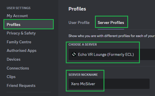 Example of changing Discord Username for your server profile to update in Echo VR